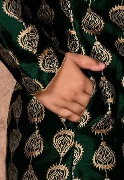 Embroidered Art Silk Sherwani Set in Dark Green