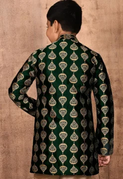 Embroidered Art Silk Sherwani Set in Dark Green