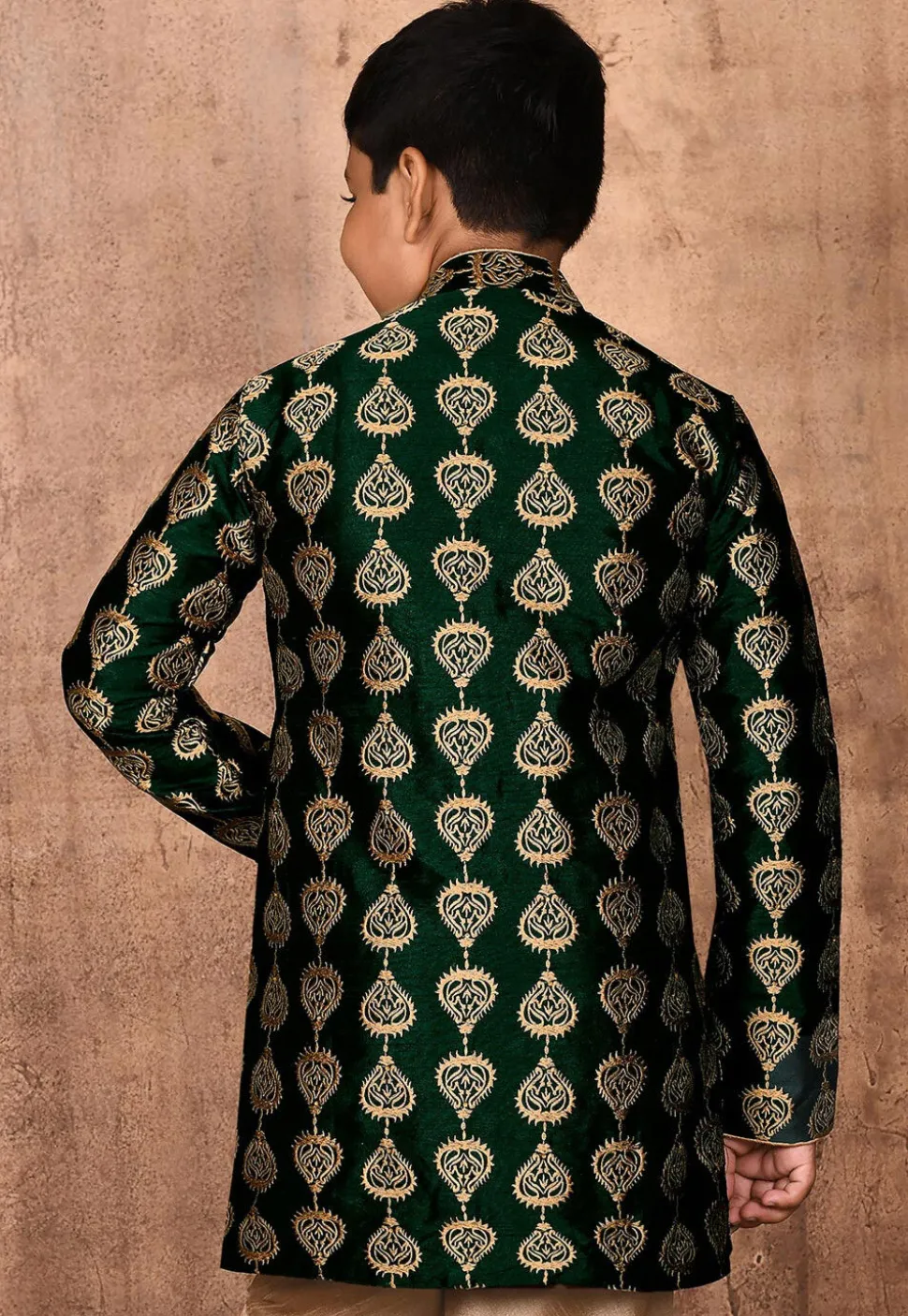 Embroidered Art Silk Sherwani Set in Dark Green