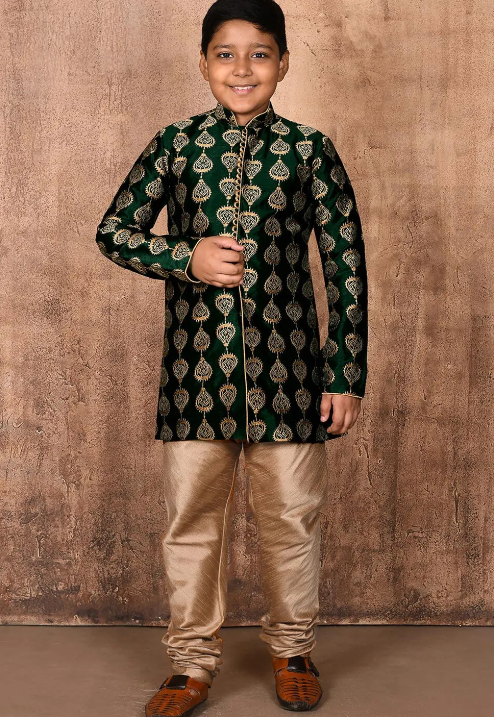 Embroidered Art Silk Sherwani Set in Dark Green