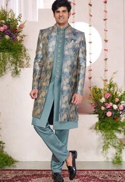 Embroidered Art Silk Sherwani in Dusty Green