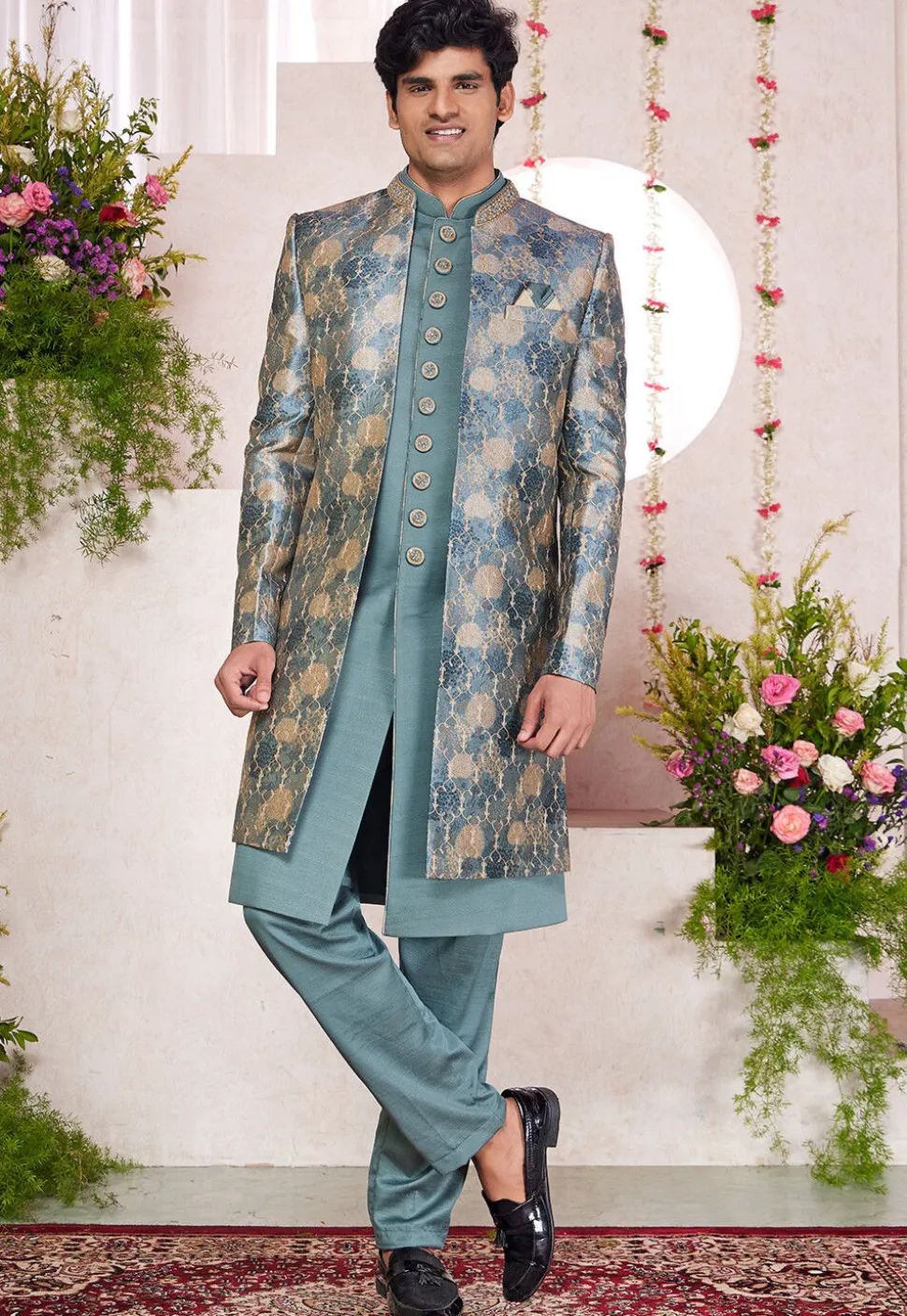 Embroidered Art Silk Sherwani in Dusty Green