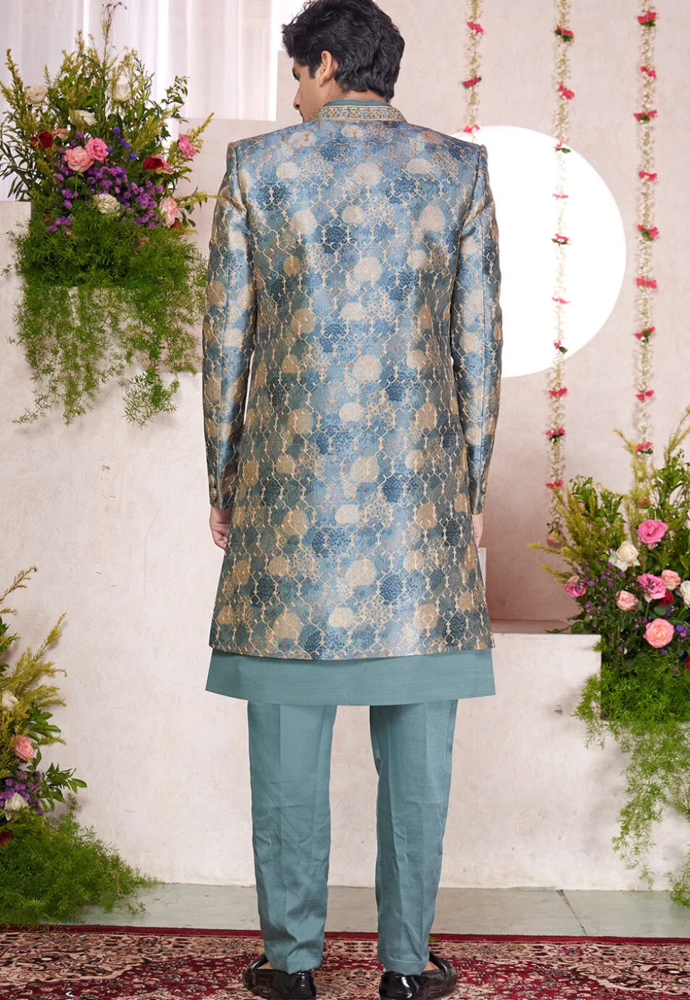Embroidered Art Silk Sherwani in Dusty Green