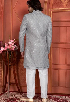Embroidered Art Silk Sherwani in Grey