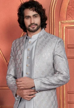 Embroidered Art Silk Sherwani in Grey