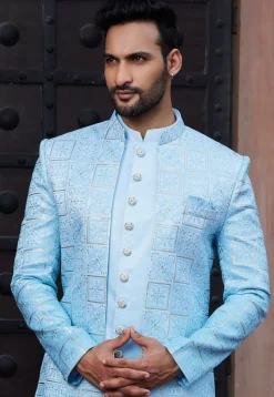 Embroidered Art Silk Sherwani in Sky Blue Ombre