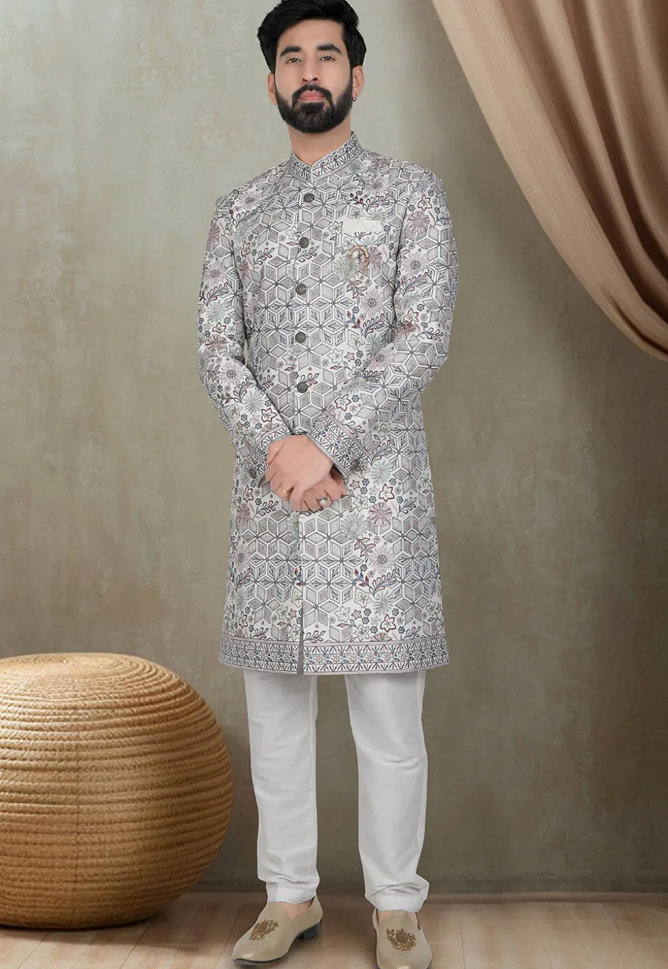 Embroidered Art Silk Sherwani in Off White
