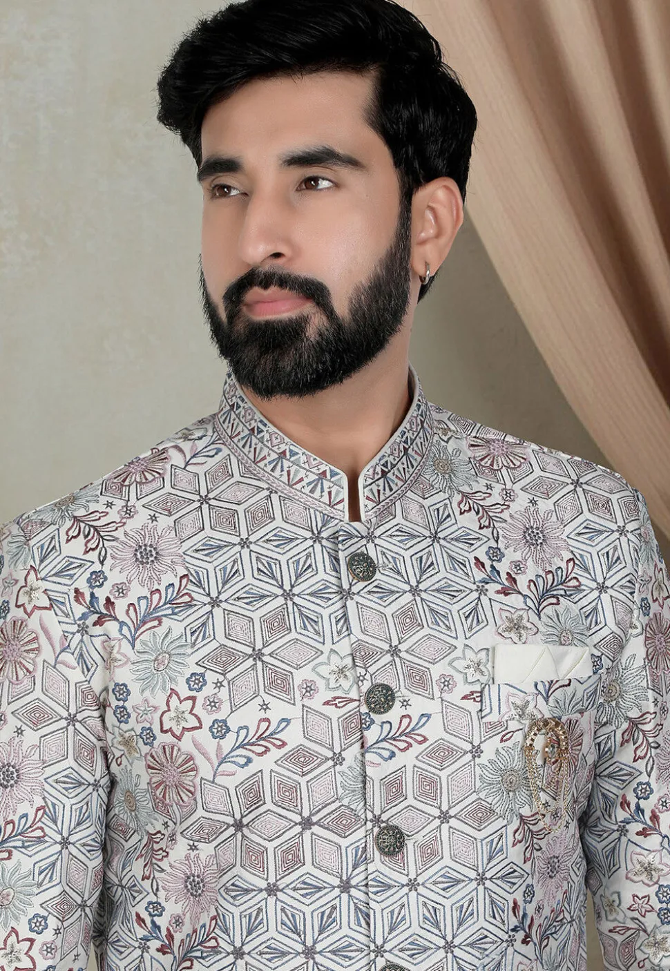 Embroidered Art Silk Sherwani in Off White