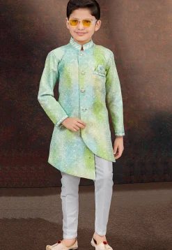 Embroidered Art Silk Sherwani in Green and Blue