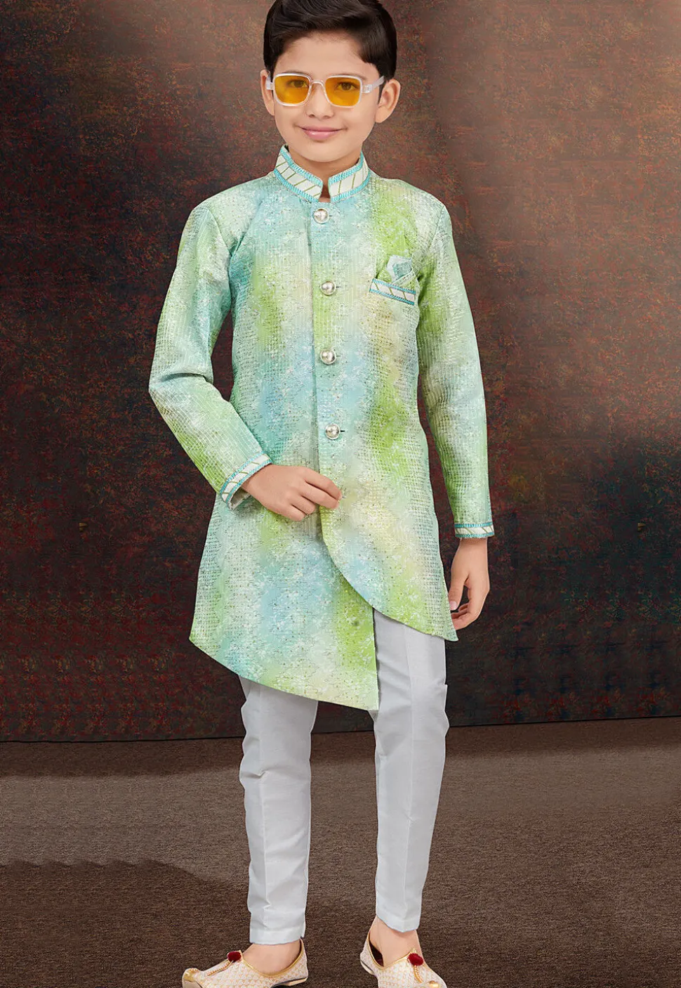Embroidered Art Silk Sherwani in Green and Blue