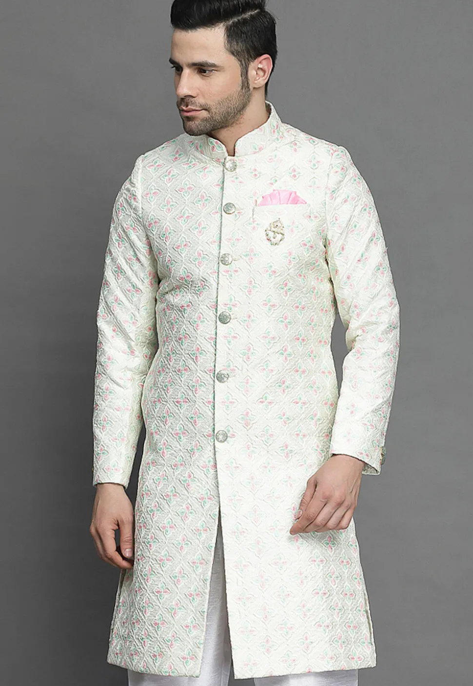 Embroidered Art Silk Sherwani in Off White