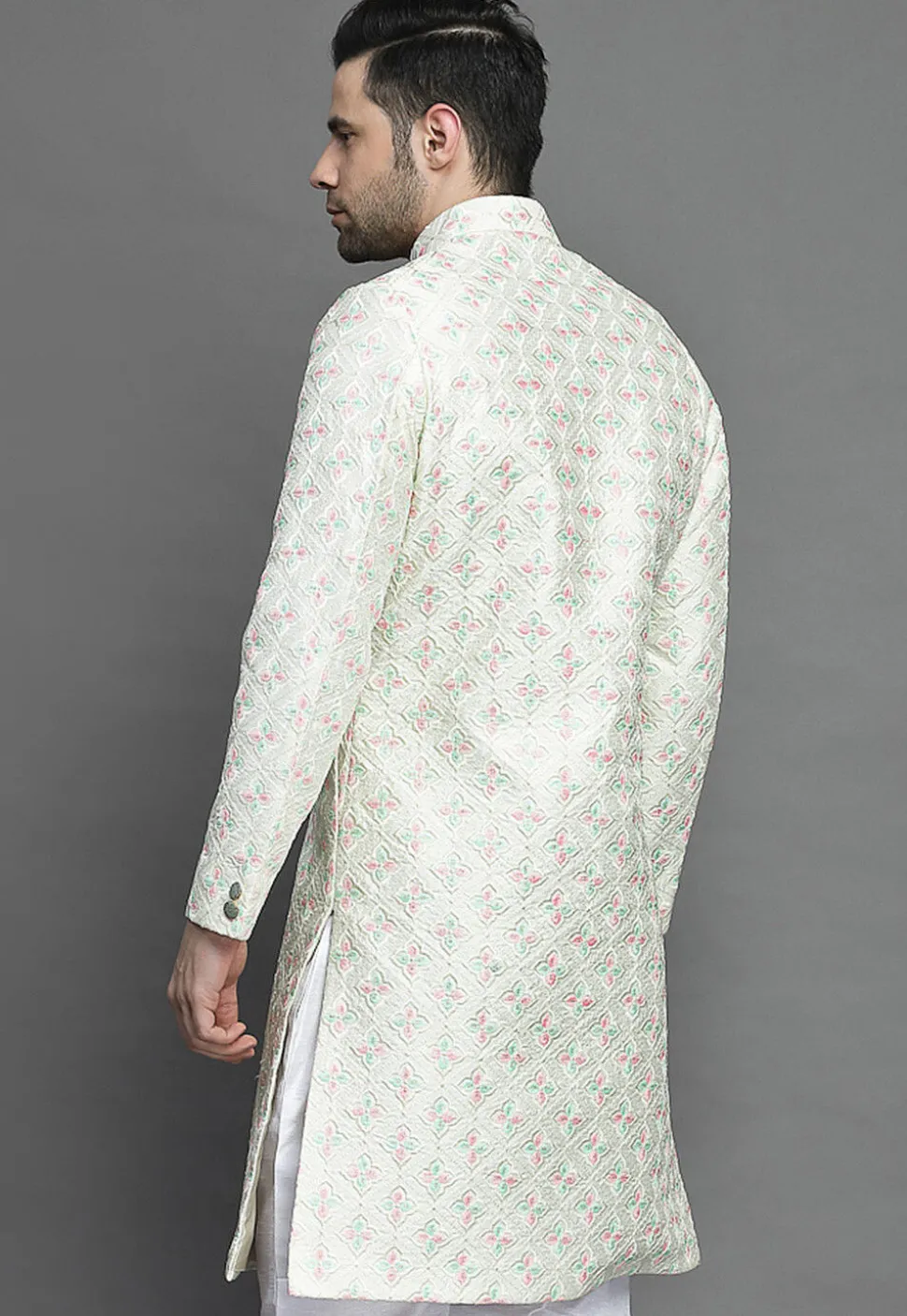 Embroidered Art Silk Sherwani in Off White