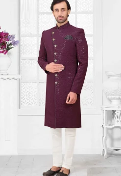 Embroidered Art Silk Sherwani in Purple
