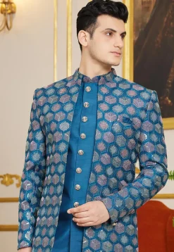 Embroidered Art Silk Sherwani in Teal Blue