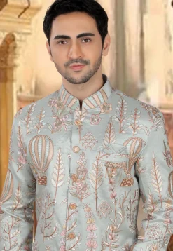 Embroidered Art Silk Sherwani in Dusty Green