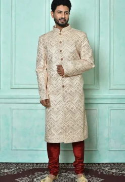 Embroidered Art Silk Sherwani in Light Peach