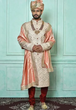 Embroidered Art Silk Sherwani in Light Peach