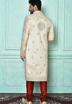 Embroidered Art Silk Sherwani in Light Peach