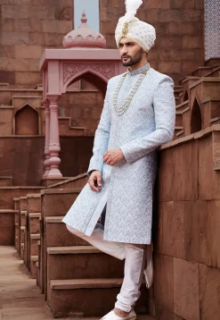 Embroidered Art Silk Sherwani in Light Blue