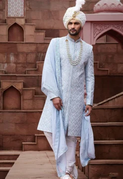 Embroidered Art Silk Sherwani in Light Blue
