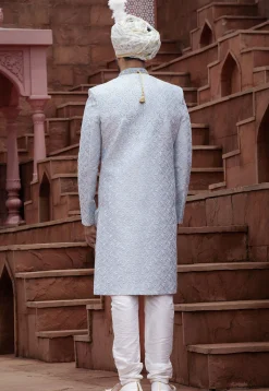 Embroidered Art Silk Sherwani in Light Blue
