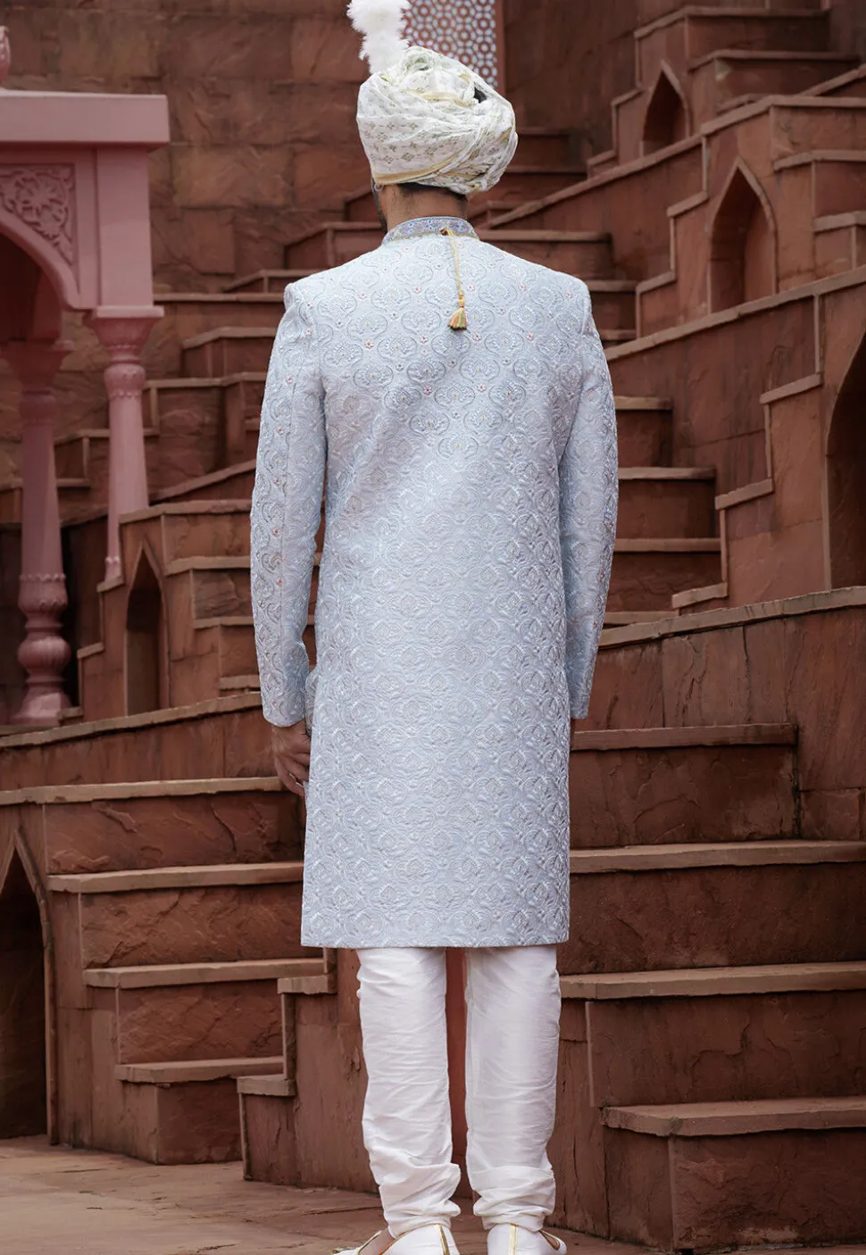 Embroidered Art Silk Sherwani in Light Blue