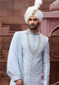 Embroidered Art Silk Sherwani in Light Blue