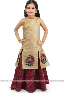 Embroidered Art Silk Shimmer Jacket Style Lehenga in Golden