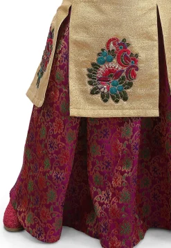 Embroidered Art Silk Shimmer Jacket Style Lehenga in Golden