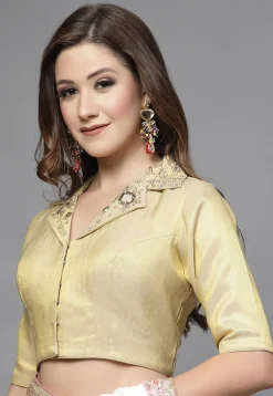 Embroidered Art Silk Shimmer Back Cut Out Blouse in Light Beige