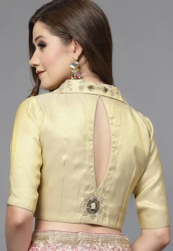 Embroidered Art Silk Shimmer Back Cut Out Blouse in Light Beige