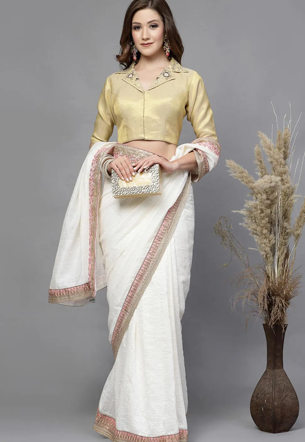 Embroidered Art Silk Shimmer Back Cut Out Blouse in Light Beige