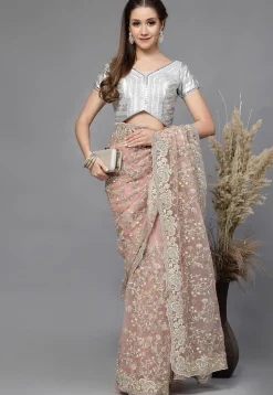 Embroidered Art Silk Shimmer Blouse in Grey