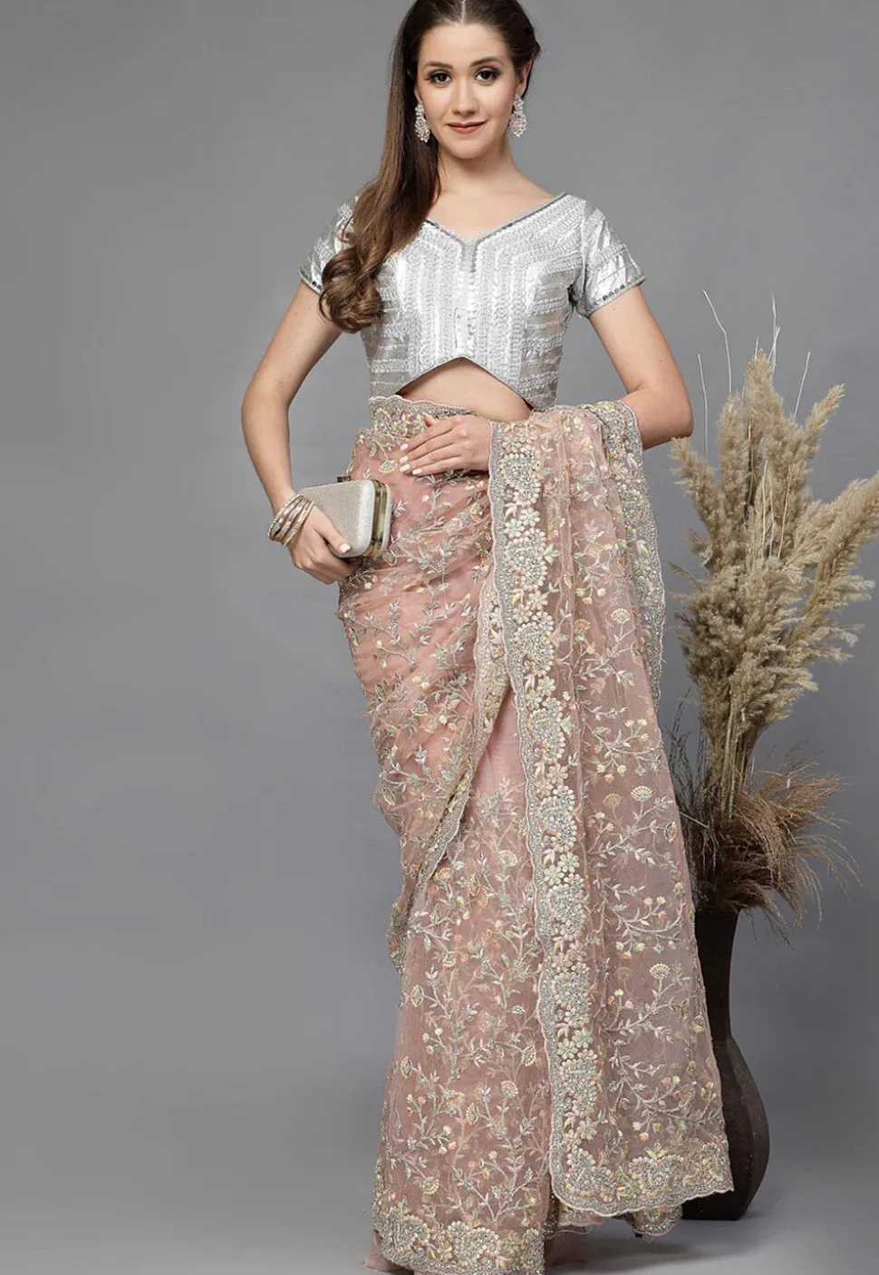 Embroidered Art Silk Shimmer Blouse in Grey
