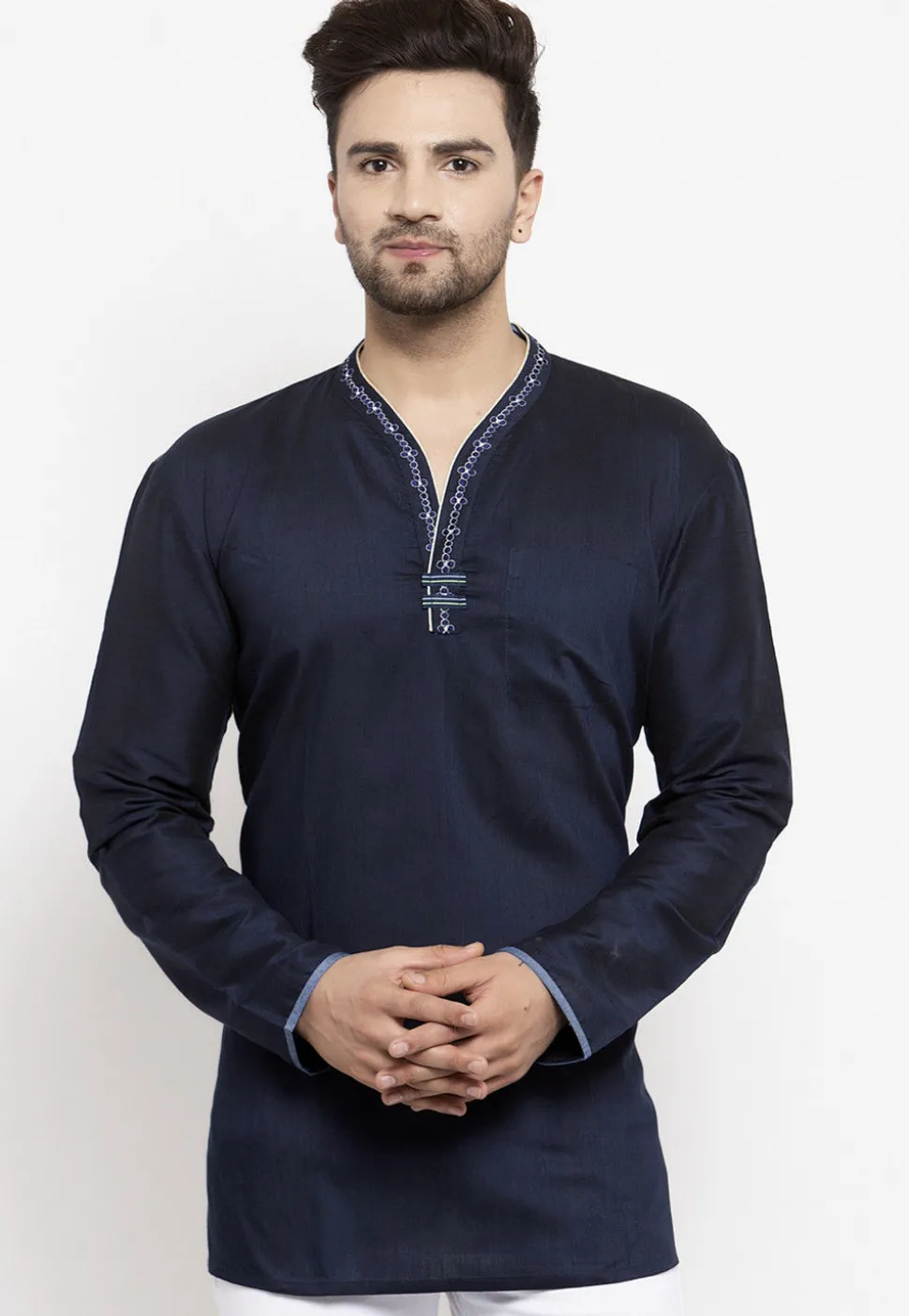 Embroidered Art Silk Short Kurta in Navy Blue