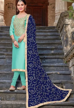 Embroidered Art Silk Straight Suit in Turquoise