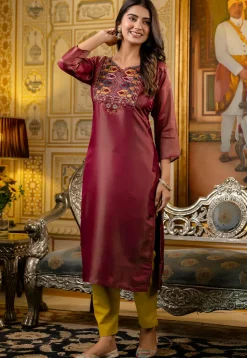Embroidered Art Silk Straight Kurta in Maroon