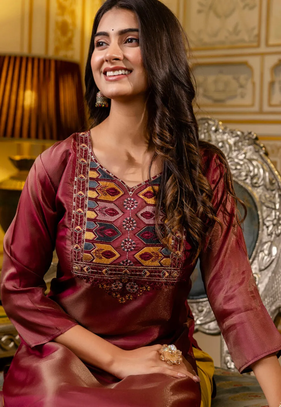 Embroidered Art Silk Straight Kurta in Maroon