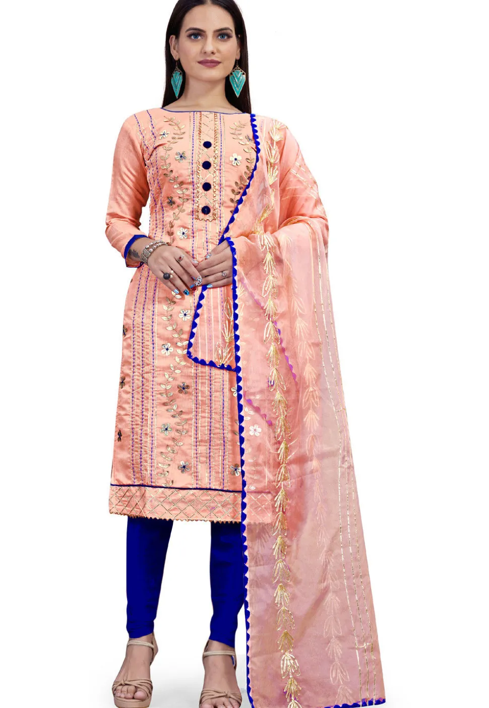 Embroidered Art Silk Straight Suit in Peach