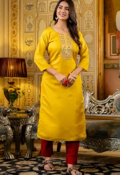 Embroidered Art Silk Straight Kurta in Yellow
