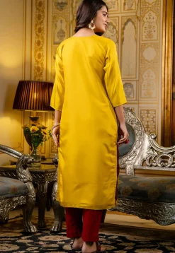 Embroidered Art Silk Straight Kurta in Yellow