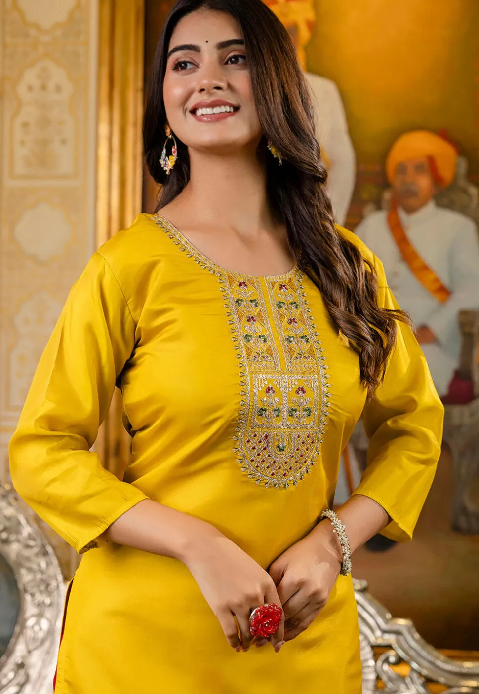 Embroidered Art Silk Straight Kurta in Yellow