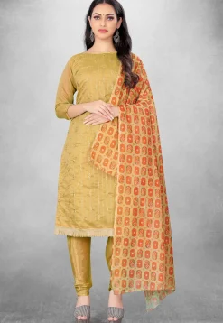 Embroidered Art Silk Straight Suit in Mustard