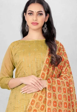 Embroidered Art Silk Straight Suit in Mustard