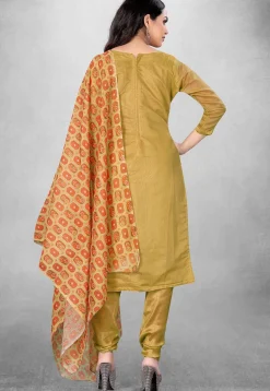 Embroidered Art Silk Straight Suit in Mustard