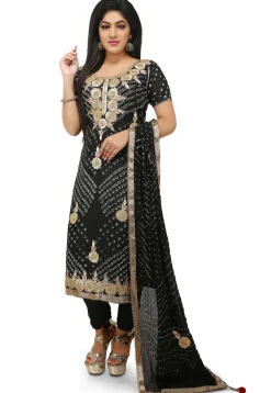 Embroidered Art Silk Straight Cut Suit in Black
