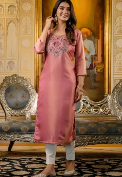 Embroidered Art Silk Straight Kurta in Pink
