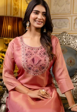Embroidered Art Silk Straight Kurta in Pink