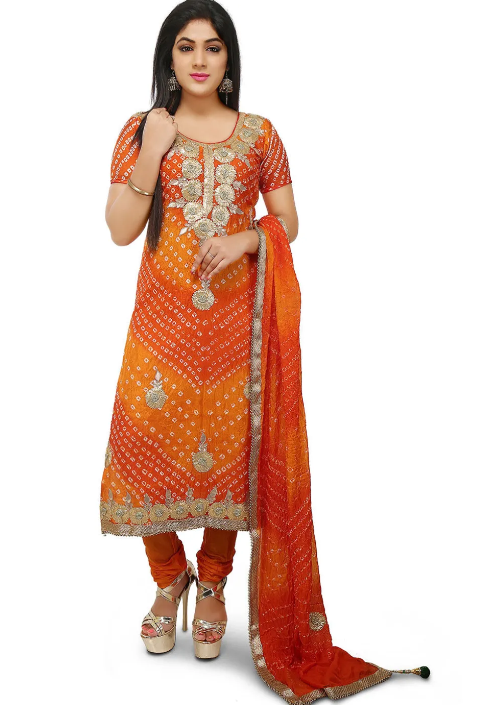 Embroidered Art Silk Straight Cut Suit in Orange