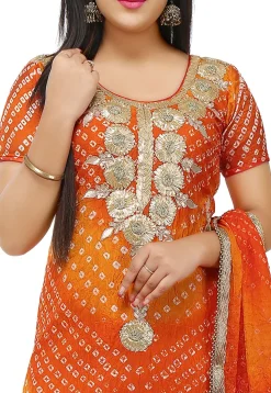 Embroidered Art Silk Straight Cut Suit in Orange